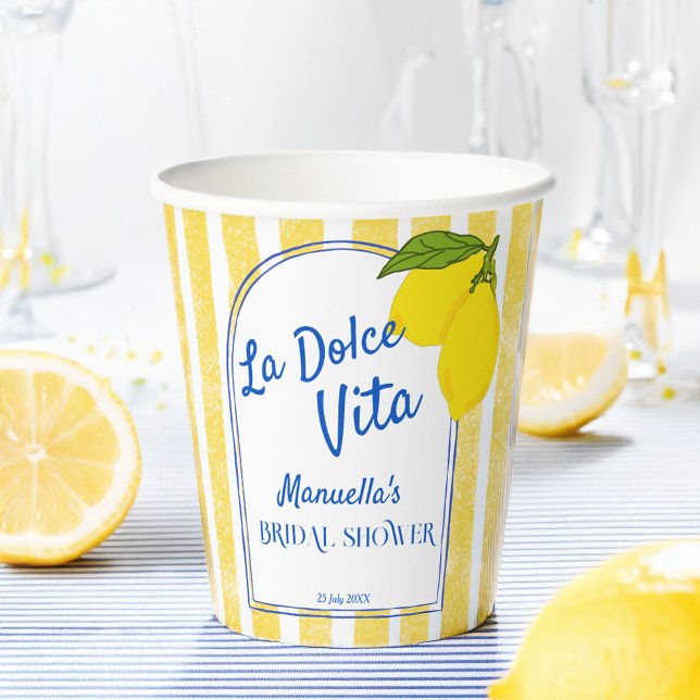 Dolce vita gelbe Lemons Italienisches Brautparty Pappbecher (Dolce vita yellow stripes Lemons Italian bridal shower monogrammed Paper Cups personalized decor)