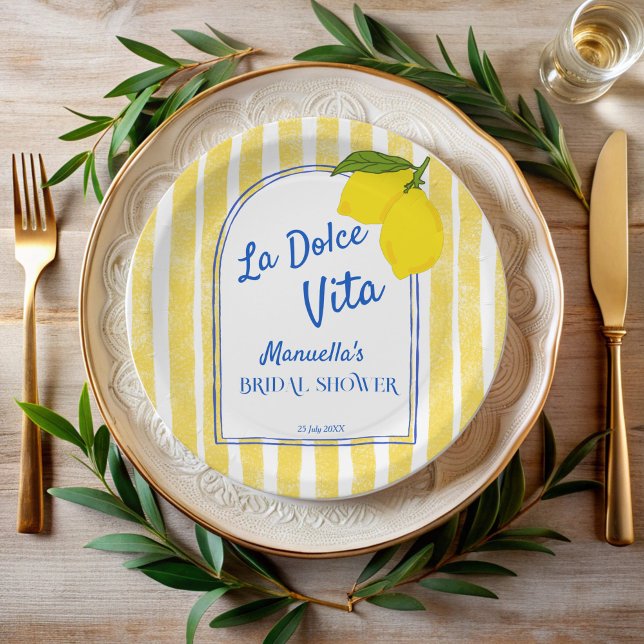 Dolce vita gelbe Lemons Italienisches Brautparty Pappteller (Dolce vita yellow stripes Lemons retro vintage Italian bridal shower monogrammed Paper Plates)