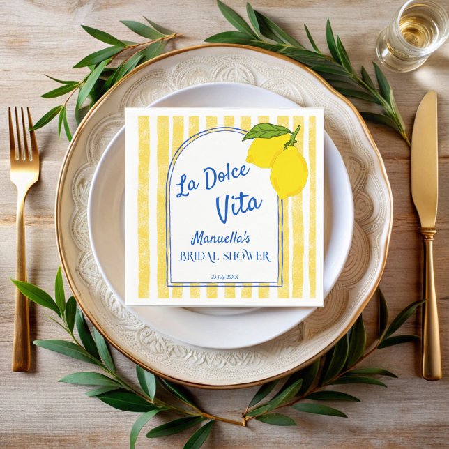 Dolce vita gelbe Lemons Italienisches Brautparty Serviette (Dolce vita retro yellow stripes Lemons vintage Italian bridal shower monogrammed Napkins )