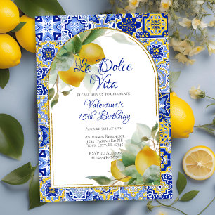 Dolce Vita Italian Blue Gold Tiles Lemons Birthday Einladung