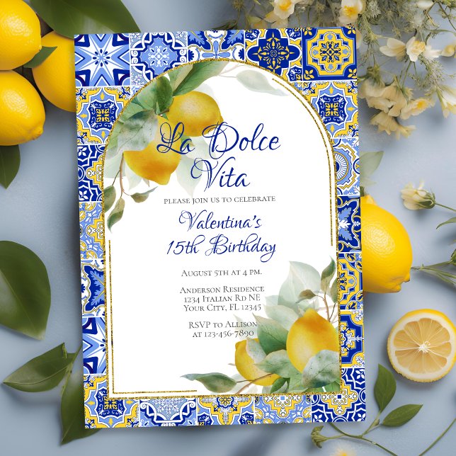 Dolce Vita Italian Blue Gold Tiles Lemons Birthday Einladung (Von Creator hochgeladen)