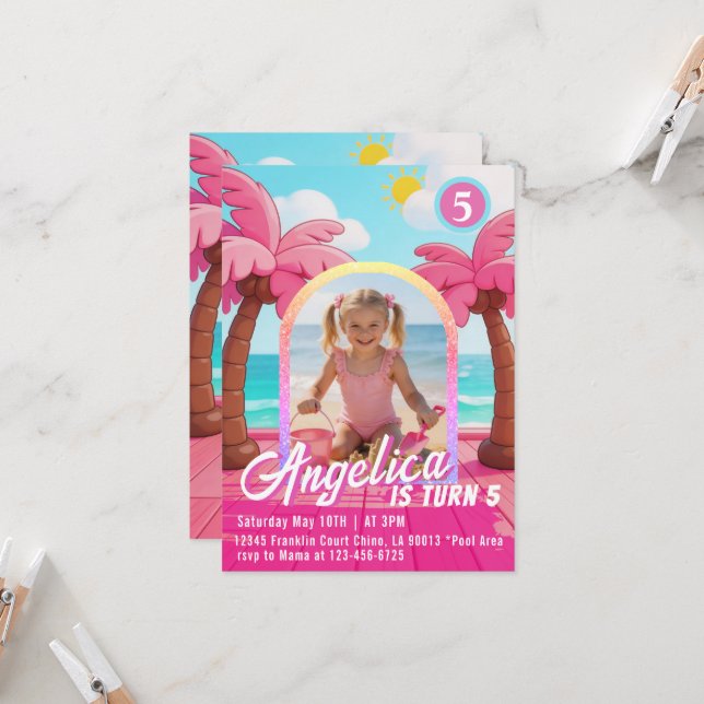 Doll Pink Fashion Beach Birthday Invitation Einladung (Vorderseite/Rückseite Beispiel)