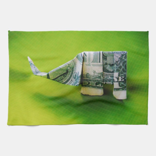 Dollar-Bill Origami Elephant auf grünem Hintergrun Handtuch (Horizontal)