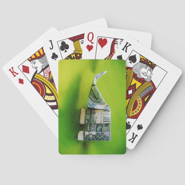 Dollar-Bill Origami Elephant auf grünem Hintergrun Spielkarten (Rückseite)