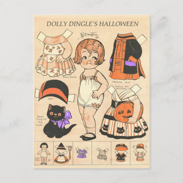 Dolly Dingle's Halloween Paper Dolls 🎎 Feiertagspostkarte (Vorderseite)