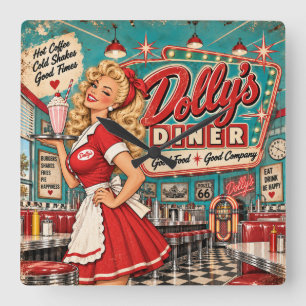 Dolly's Diner Vintage 1950er Jahre Americana Retro Quadratische Wanduhr