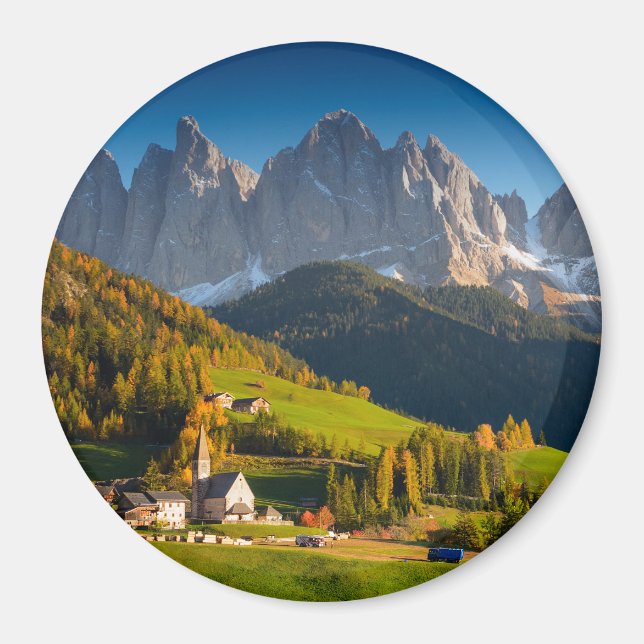 Dolomiten-Dorf im Herbst-Rundmagneten Magnet (Vorne)