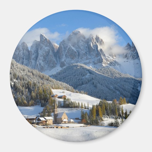Dolomiten Dorf im Winter runder Magnet (Vorne)