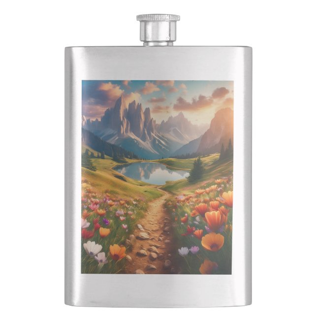 Dolomiten Vintag-Style Reiseplakat mit See Flachmann (Vorderseite)