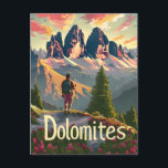 Dolomiten Wandern Postkarte<br><div class="desc">Eine faszinierende und nostalgische Darstellung des Wanderns in den Dolomiten, Italien, die die raue Schönheit und die dramatische Landschaft der Bergkette zeigt. Das Design umfasst Wanderer, die landschaftliche Wege inmitten von hohen Gipfeln, üppigen Wiesen und alpinen Seen durchqueren. Das Vintage Kunstwerk erinnert an das abenteuerliche und ruhige Erlebnis der Dolomiten...</div>