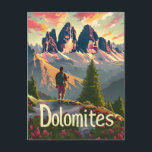 Dolomiten Wandern Postkarte<br><div class="desc">Eine faszinierende und nostalgische Darstellung des Wanderns in den Dolomiten, Italien, die die raue Schönheit und die dramatische Landschaft der Bergkette zeigt. Das Design umfasst Wanderer, die landschaftliche Wege inmitten von hohen Gipfeln, üppigen Wiesen und alpinen Seen durchqueren. Das Vintage Kunstwerk erinnert an das abenteuerliche und ruhige Erlebnis der Dolomiten...</div>