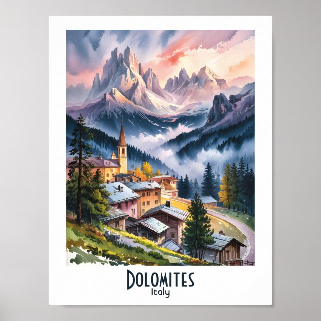 Dolomites Italy Alps Mountain Landscape Watercolor Poster (Vorne)