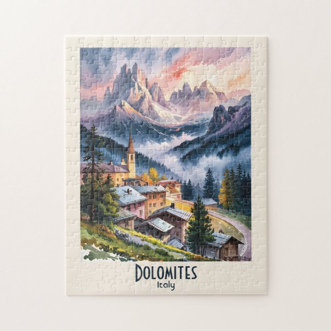 Dolomites Italy Alps Mountain Landscape Watercolor Puzzle (Vertikal)