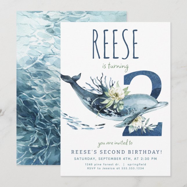 Dolphin 2. Geburtstag Einladung (Vorne/Hinten)