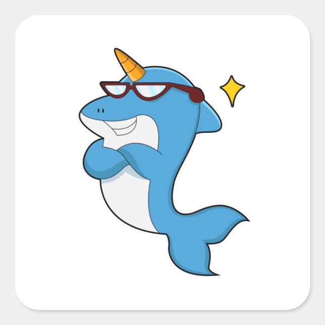 Dolphin als Einhorn mit Brille.PNG Quadratischer Aufkleber (Vorderseite)
