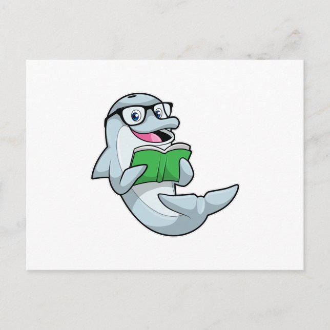Dolphin als Nerd mit Brille & Book Postkarte (Vorderseite)