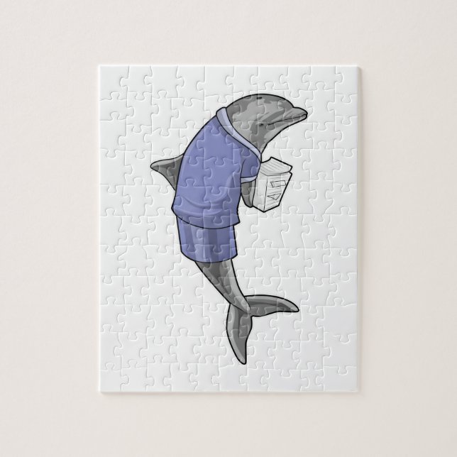 Dolphin als Sekretär mit Papierstapel Puzzle (Vertikal)