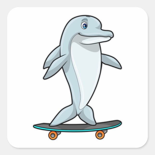 Dolphin als Skater mit Skateboard Quadratischer Aufkleber (Vorderseite)