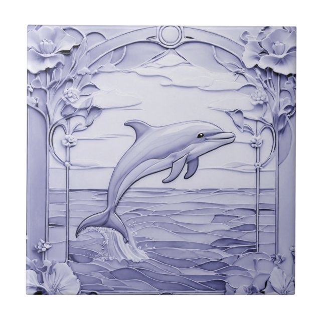 Dolphin Art Nouveau Imitats Relief Blue & White Ri Fliese (Vorderseite)