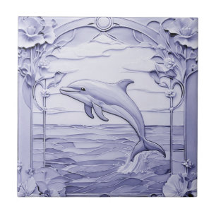 Dolphin Art Nouveau Imitats Relief Blue & White Ve Fliese