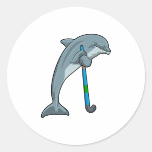 Dolphin at Hockey with Hockey stick Runder Aufkleber