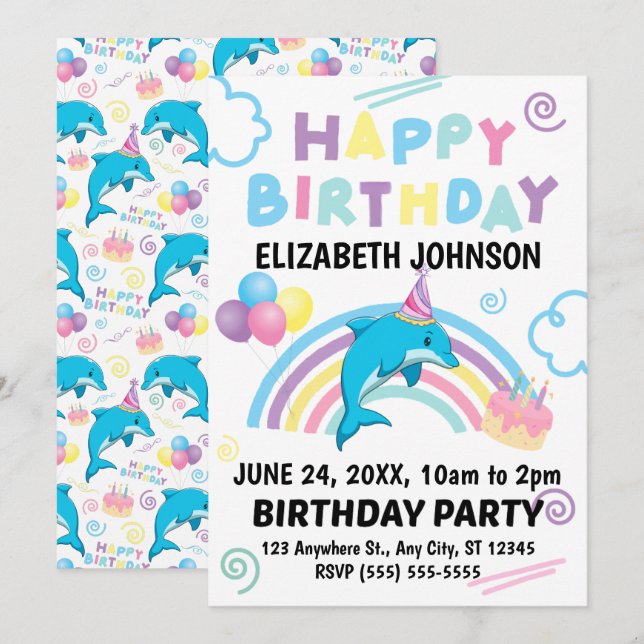 Dolphin Birthday Invitation in White Einladung (Vorne/Hinten)
