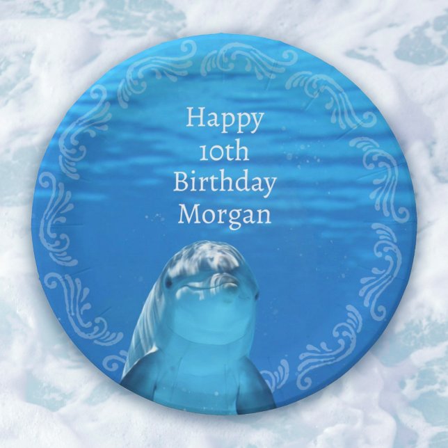Dolphin Blue Ocean 10. Geburtstagsparty Pappteller (Under the Sea Dolphin Blue Ocean 10th Birthday Party Paper Plates. Includes any age template.)