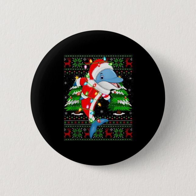 Dolphin Christmas Lights Santa Costume Ugly Xmas S Button (Vorderseite)