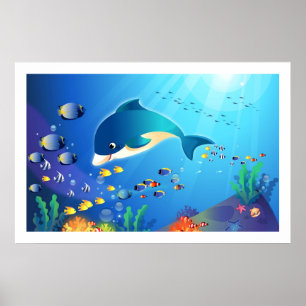Dolphin & Colorful Sea-Life Digitale Illustration Poster