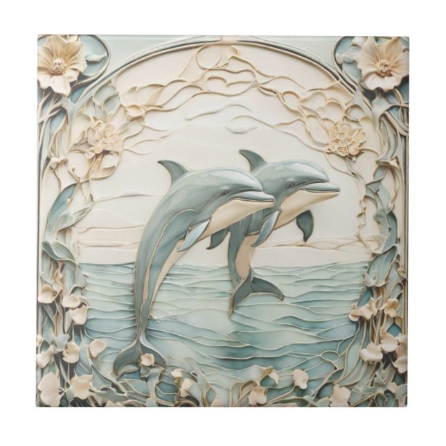 Dolphin Couple Art Nouveau Imitats Relief Minze Bl Fliese (Vorderseite)