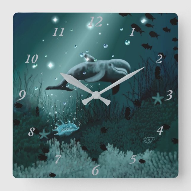 Dolphin Dream Quadratische Wanduhr (Vorderseite)