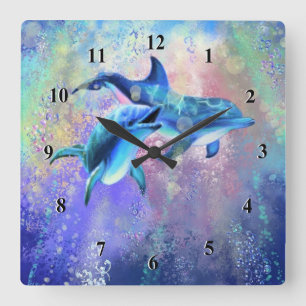 Dolphin Family Wall Clock Couple Quadratische Wanduhr