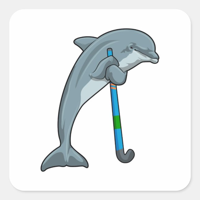 Dolphin im Hockey mit Hockeystick Quadratischer Aufkleber (Vorderseite)