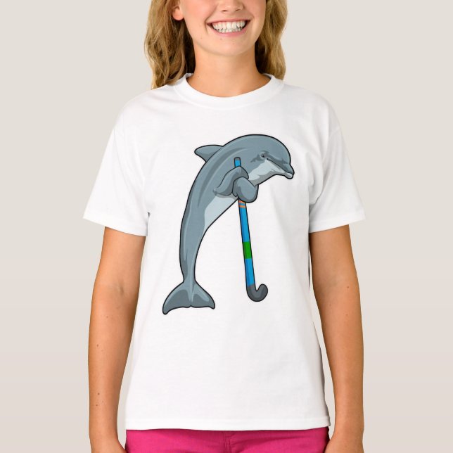 Dolphin im Hockey mit Hockeystick T-Shirt (Vorderseite)