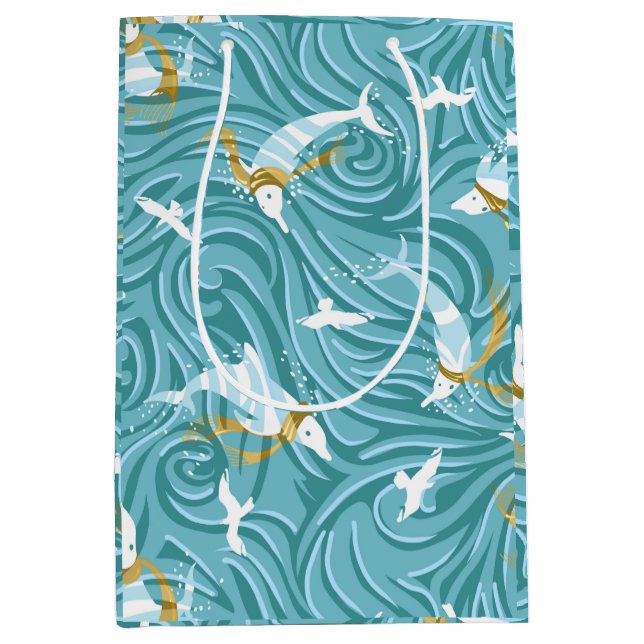 Dolphin Joy Tropical Nautical Christmas/Aqua, Gold Mittlere Geschenktüte (Vorderseite)