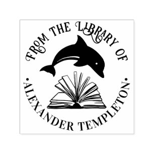 Dolphin Jumping over Open Book Library Name Permastempel