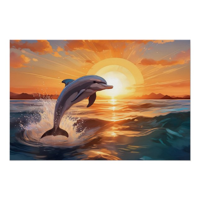 Dolphin Jumps bei Sonnenuntergang am Ozean Poster (Vorderseite)