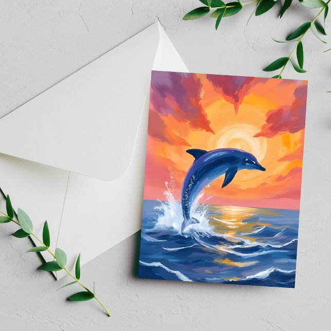 Dolphin Leap Sunset Watercolor Ocean Painted Card (Von Creator hochgeladen)