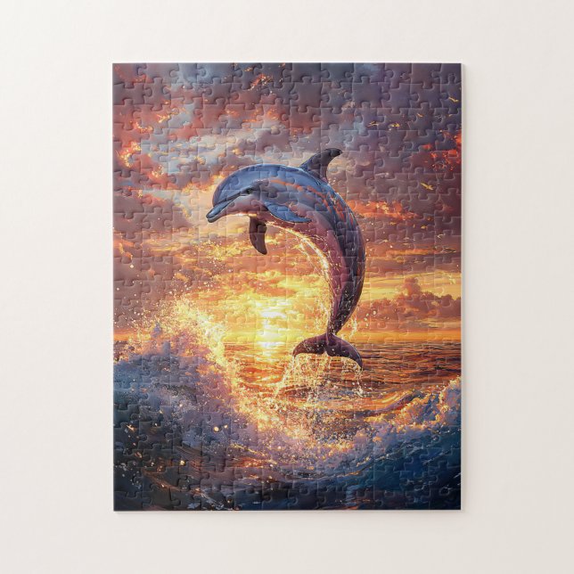 Dolphin Leaping bei Sonnenuntergang Puzzle (Vertikal)