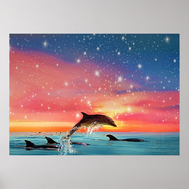 Dolphin Leaping | Weiße See und Sterne Poster (Vorne)