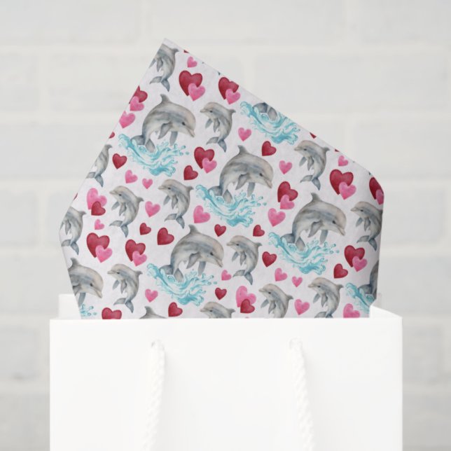 Dolphin Love Valentine's Tissue Paper in White Seidenpapier (Geschenk Tasche)