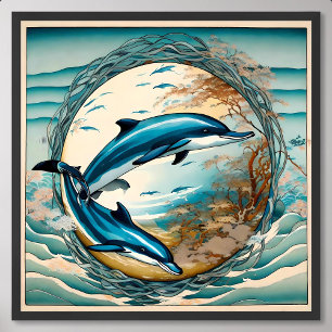 Dolphin-Malerei mit Algenzirkel Blauer Himmel Harm Poster
