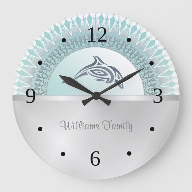 Dolphin Mandala Silver Coastal Familienname Große Wanduhr (Vorderseite)