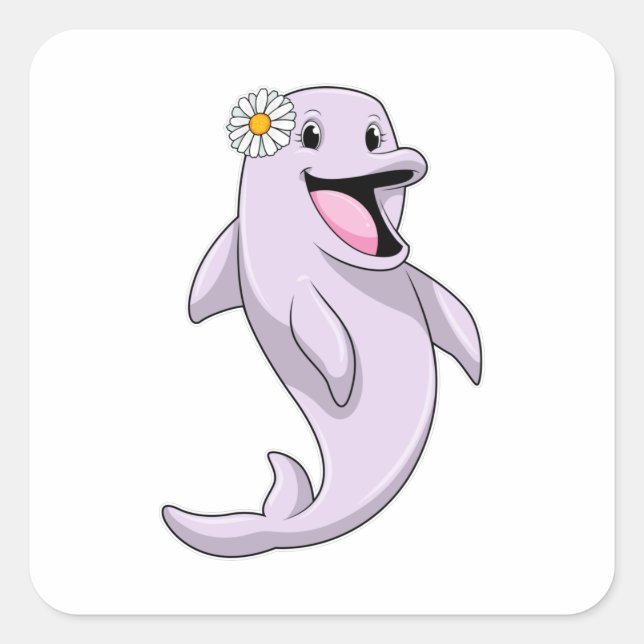 Dolphin mit Daisy-Blume Quadratischer Aufkleber (Vorderseite)