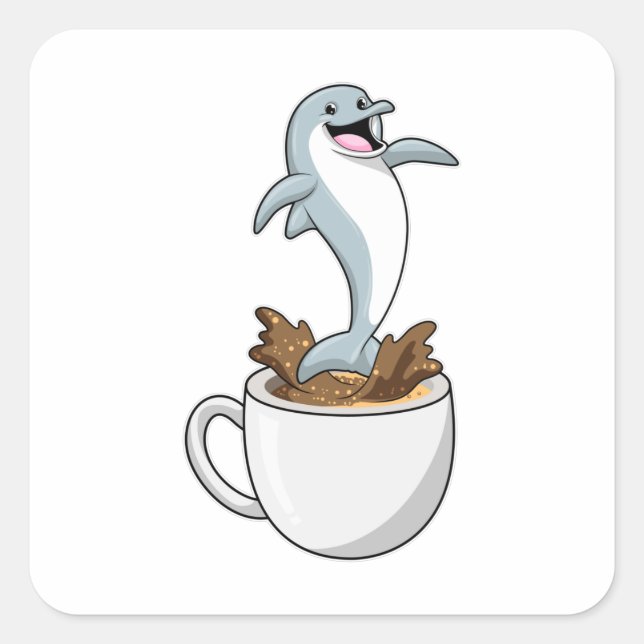 Dolphin mit Kaffee-Cup Quadratischer Aufkleber (Vorderseite)