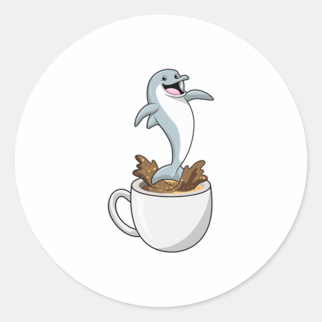 Dolphin mit Kaffee-Cup Runder Aufkleber (Vorderseite)