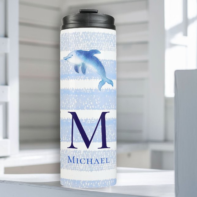 Dolphin Monogram Stripes Beach Wasserfarbe Thermosbecher (boy tumbler personalized monogram dolphin sea blue stripes nautical ocean grandchild baby gift)