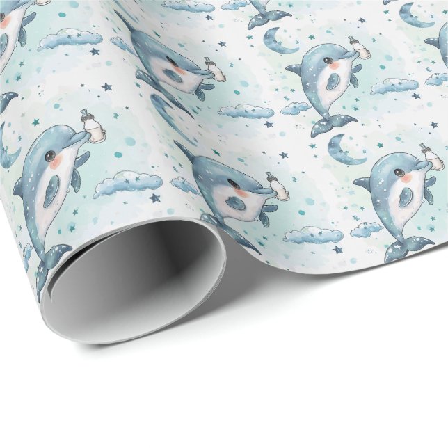Dolphin Niedlich Baby Pastell Wasserfarbmuster Geschenkpapier (Rolleneckpunkt)