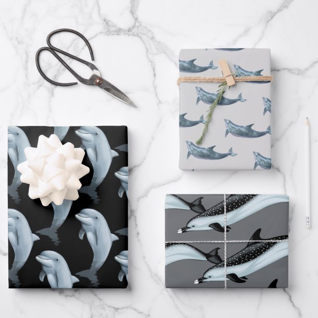 Dolphin Pattern Schwarz Grau Wrapping Papier (Vorderseite)