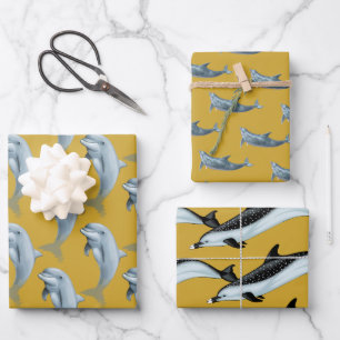 Dolphin Patterns Gold Wrapping Paper Geschenkpapier Set